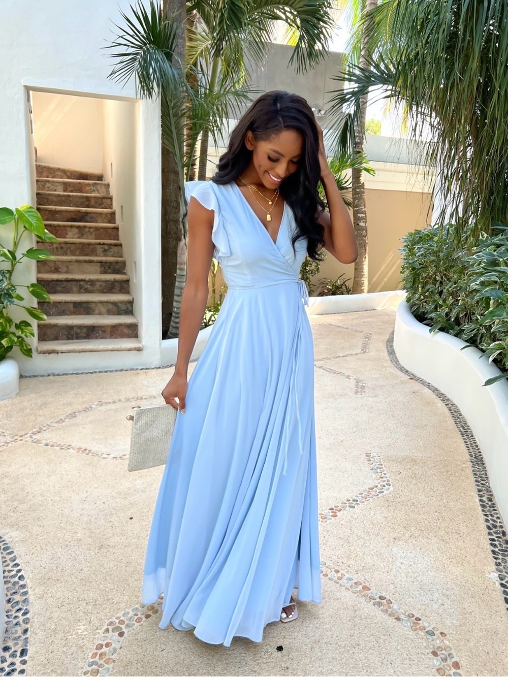 Pink Lily Light Blue Sweet Magnolias Wrap Maxi Dress with Cap Sleeves M